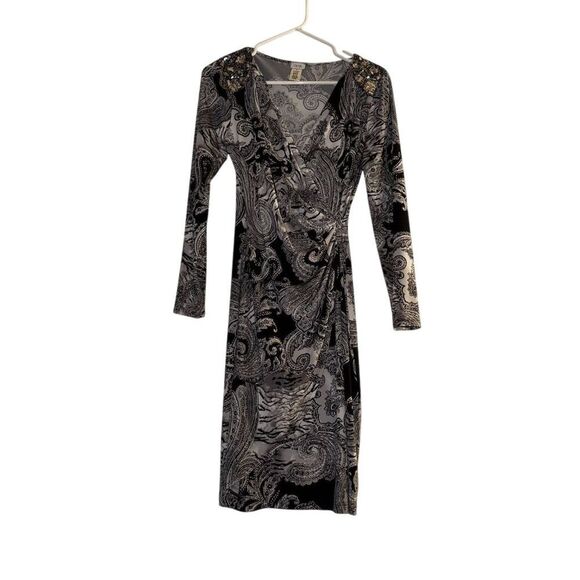 Cache Women's M Black & White Paisley Faux Wrap Knee Length Dress Vintage - Picture 1 of 6